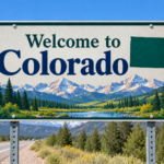 Colorado Welcome Sign Amidst Mountain Peaks