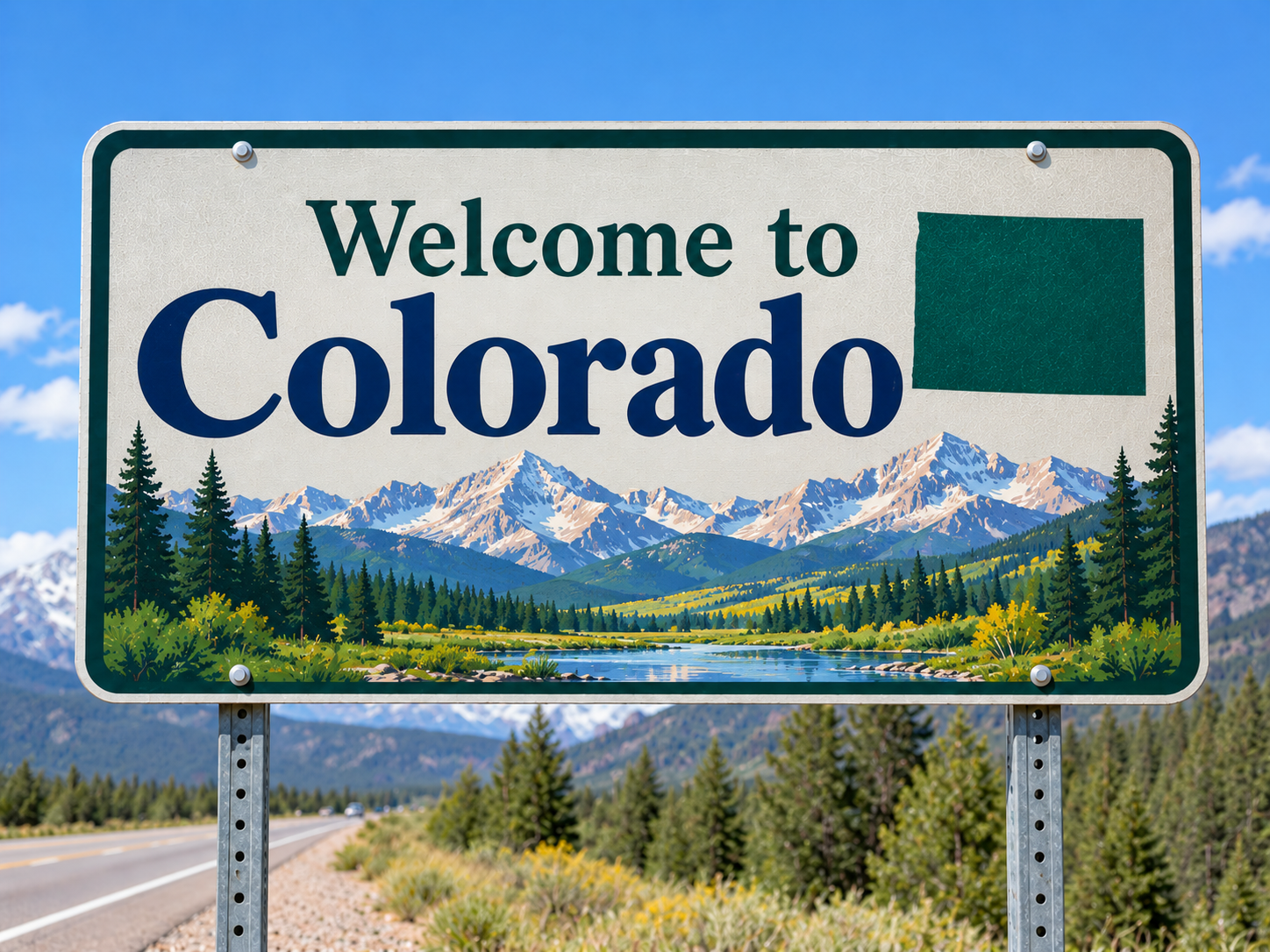 Colorado Welcome Sign Amidst Mountain Peaks